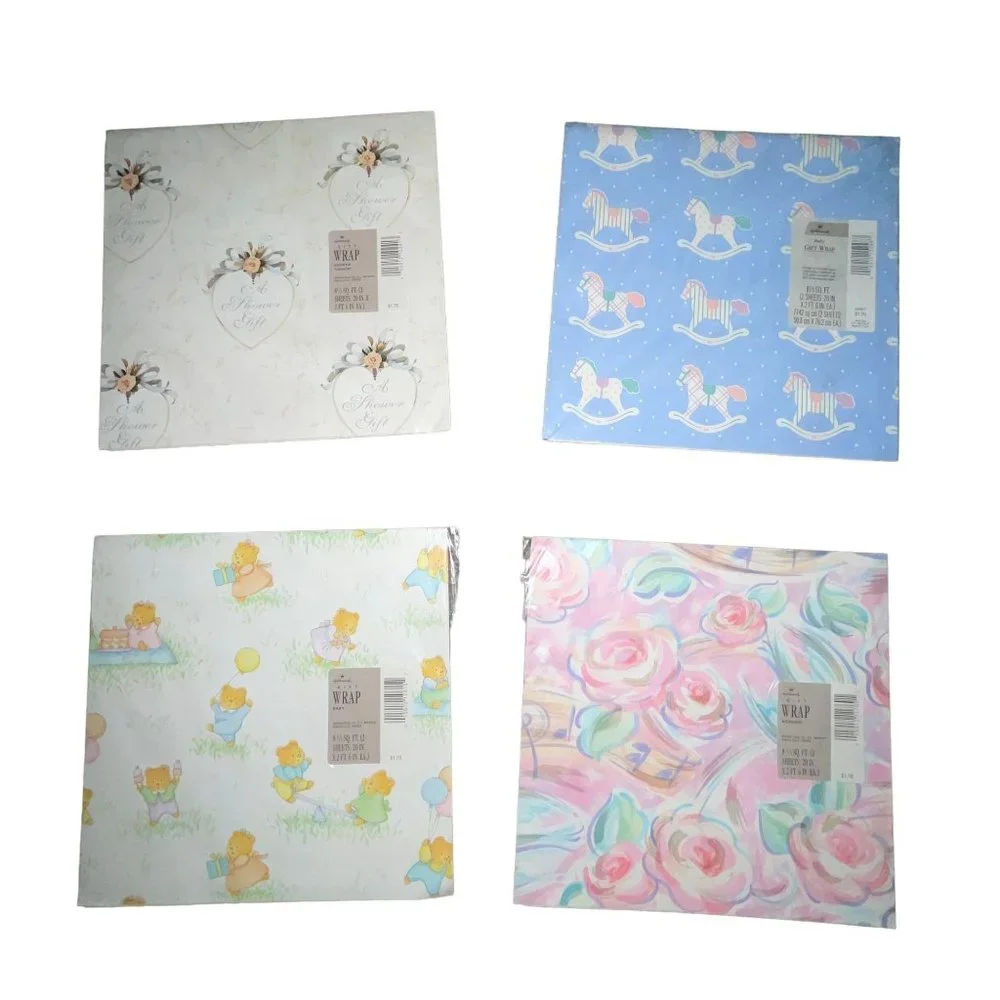 Vintage New Hallmark Gift Wrap Lot 36 Baby Birthday Spring Easter Flat Wrap